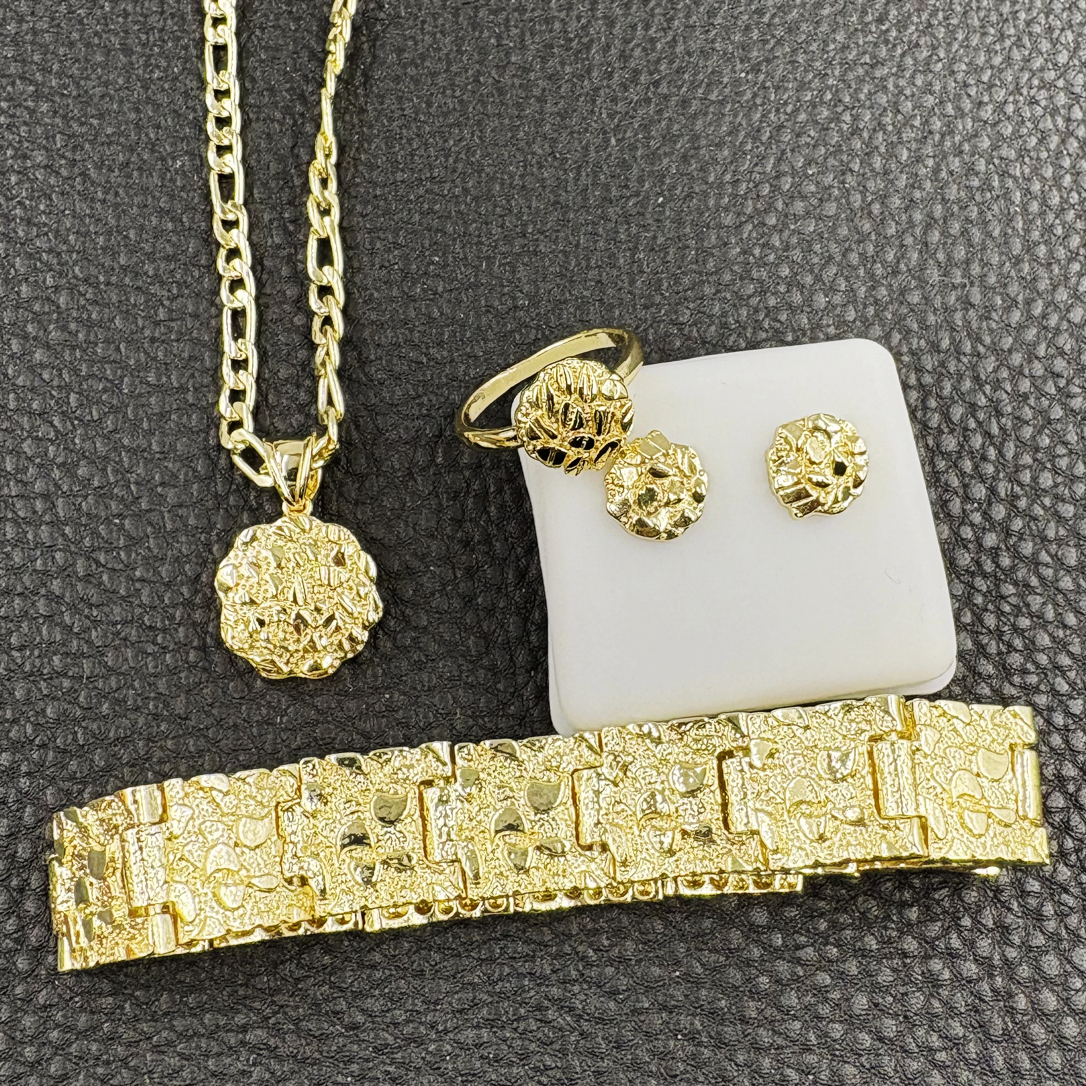 Hip Hop round Coin Pendant Set with 4mm Figaro Chain Nugget Earrings Flower Ring Textured Cookie Bracelet 8mm Jewelry Set Roll