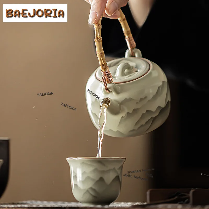 BAEJORIA 210ml Ru Kiln Mountain As Flowers Teapot Vintage Bamboo Lifting Beam Pot Tea Making Kettle Kung Fu Teaset Accessories