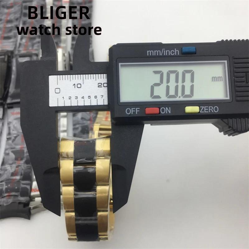 BLIGER 20mm Stainless Steel Strap PVD Black Strap Folding Slide Locking Latch Fits 36mm 39mm 40mm watch case