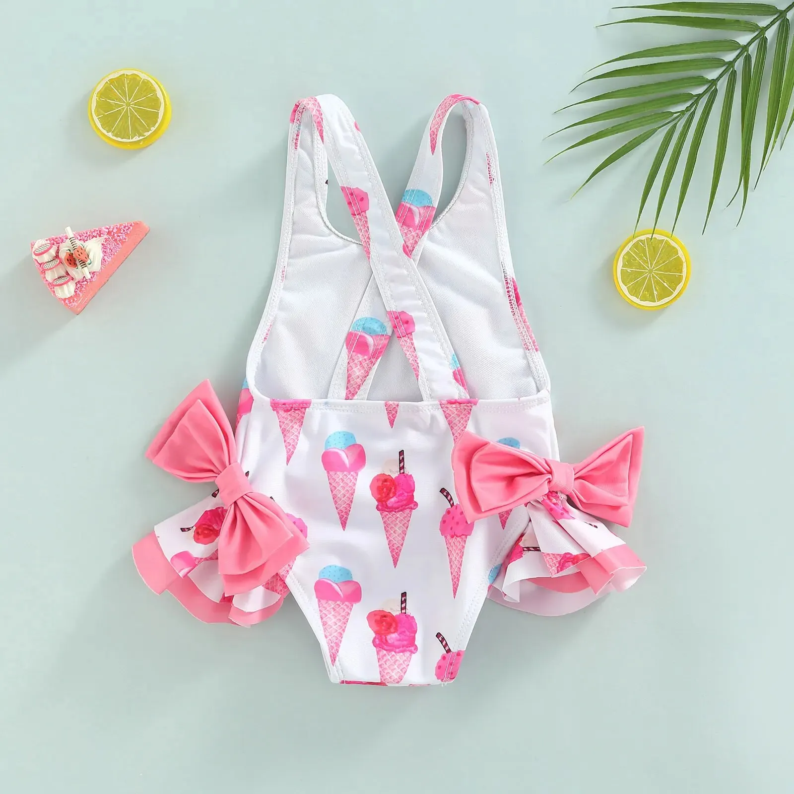 VISgogo Kids Girls Swimwear Sleeveless Doughnut/Ice Cream Printed Large Bowknot Ruffled Triangle Bathing Romper Swimsuit