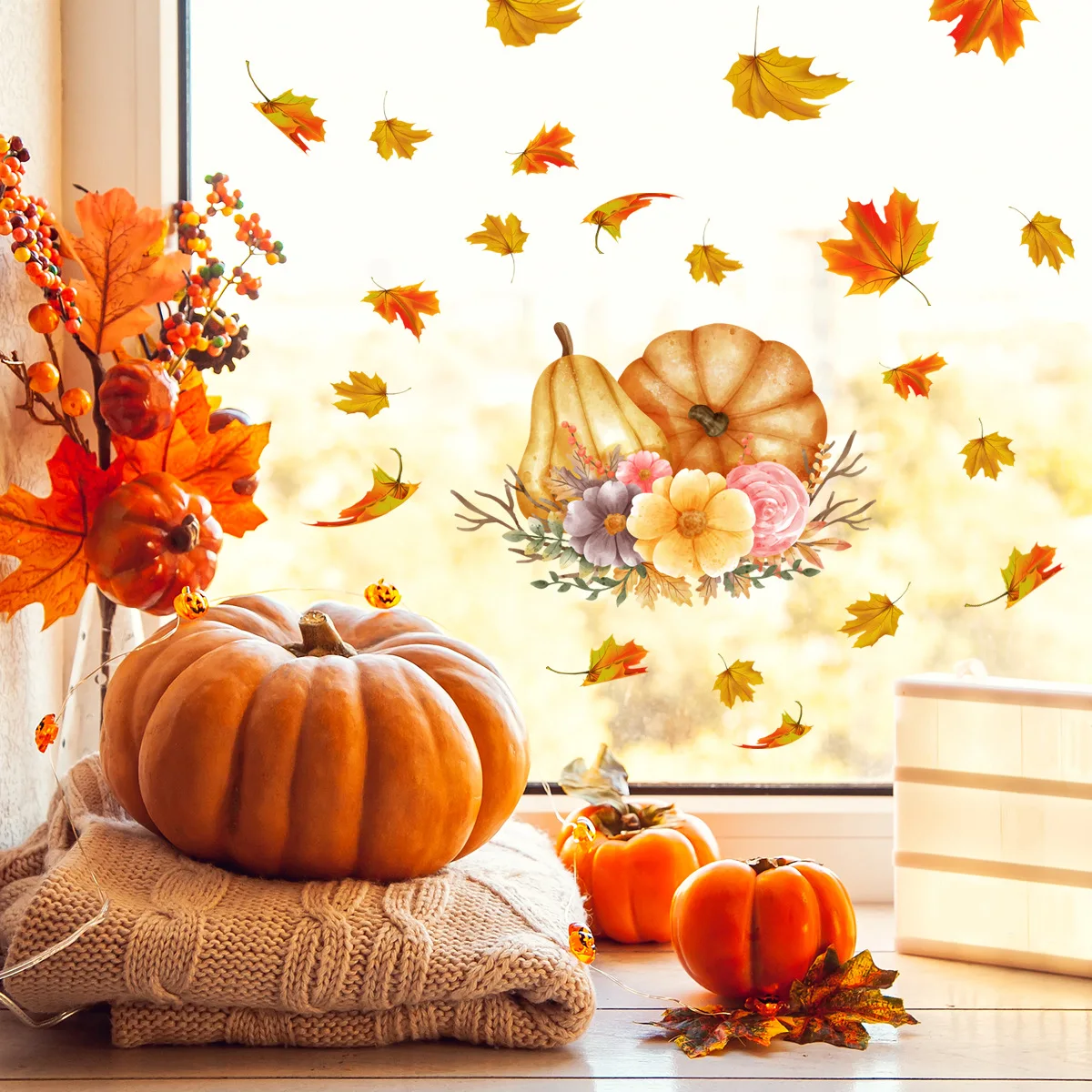 

Thanksgiving Walls Stickers Decorations Window Cling Decals Autumn Paint Maple Leaves Pumpkin Fall Window Glass Art Mural Decor