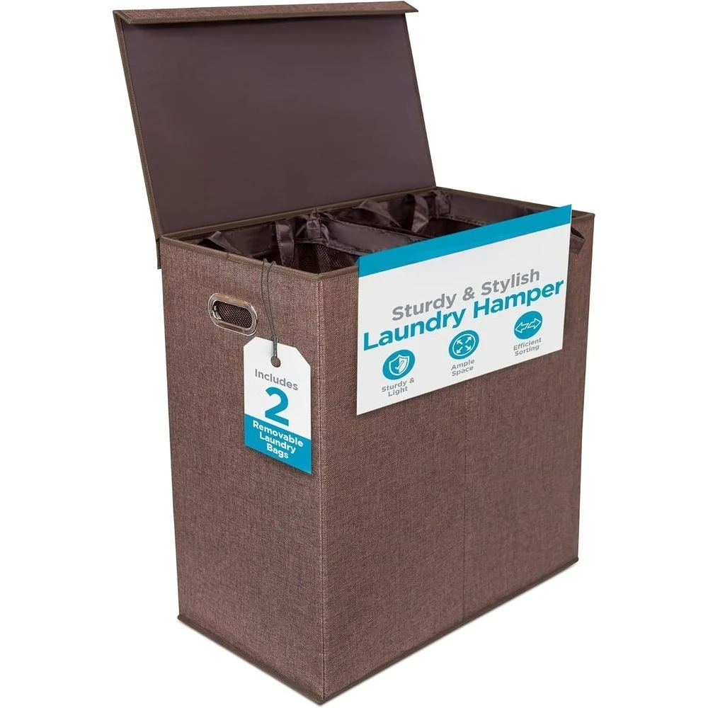 

Складная двухсекционная корзина для белья с крышкой - коричневый контейнер для сортировки одежды