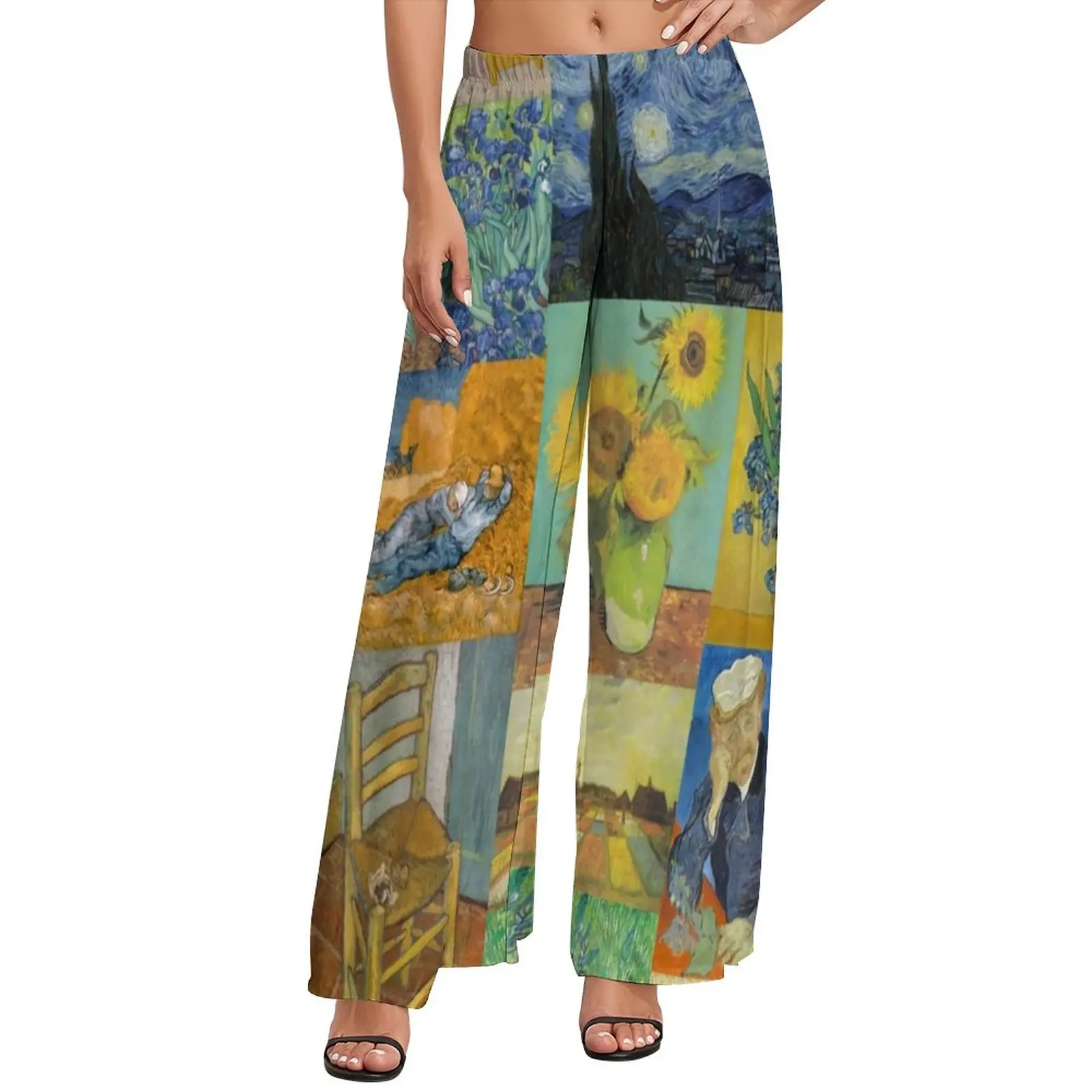 Van Gogh Collage Pants Elastic Waist Sunflowers Print Sexy Trousers Harajuku Pattern Wide Leg Pants