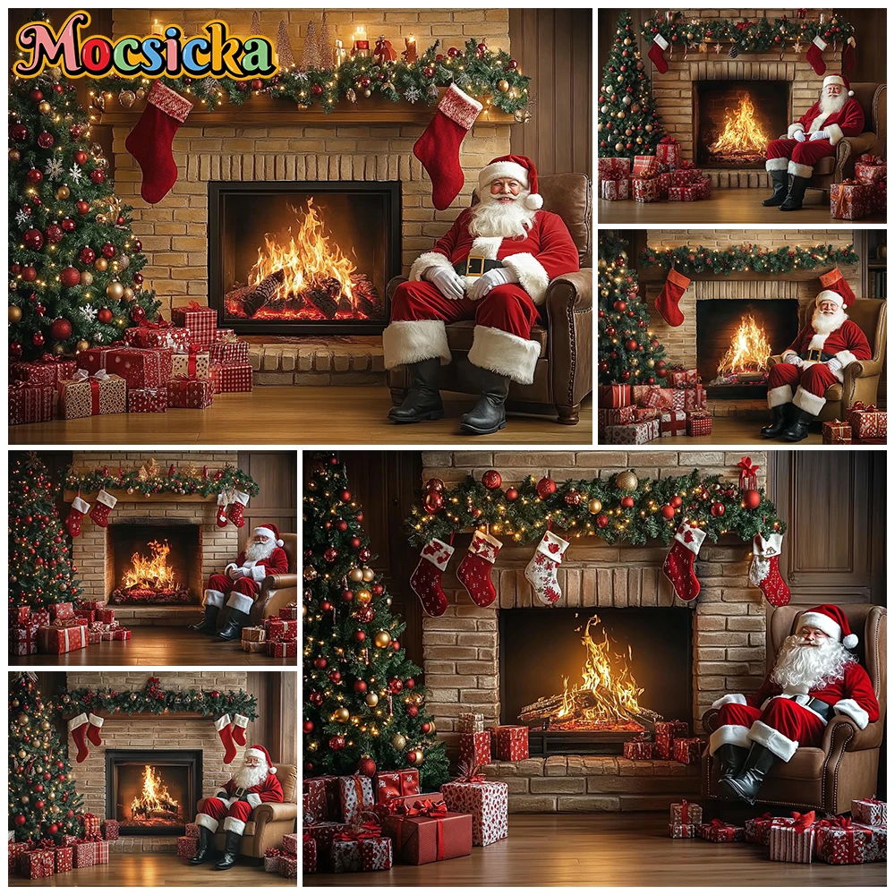 Mocsicka Santa Claus Fireplace Christmas Photo Backdrop Xmas Tree Stockings Gift Box Warm Fire Family Kid Photography Background