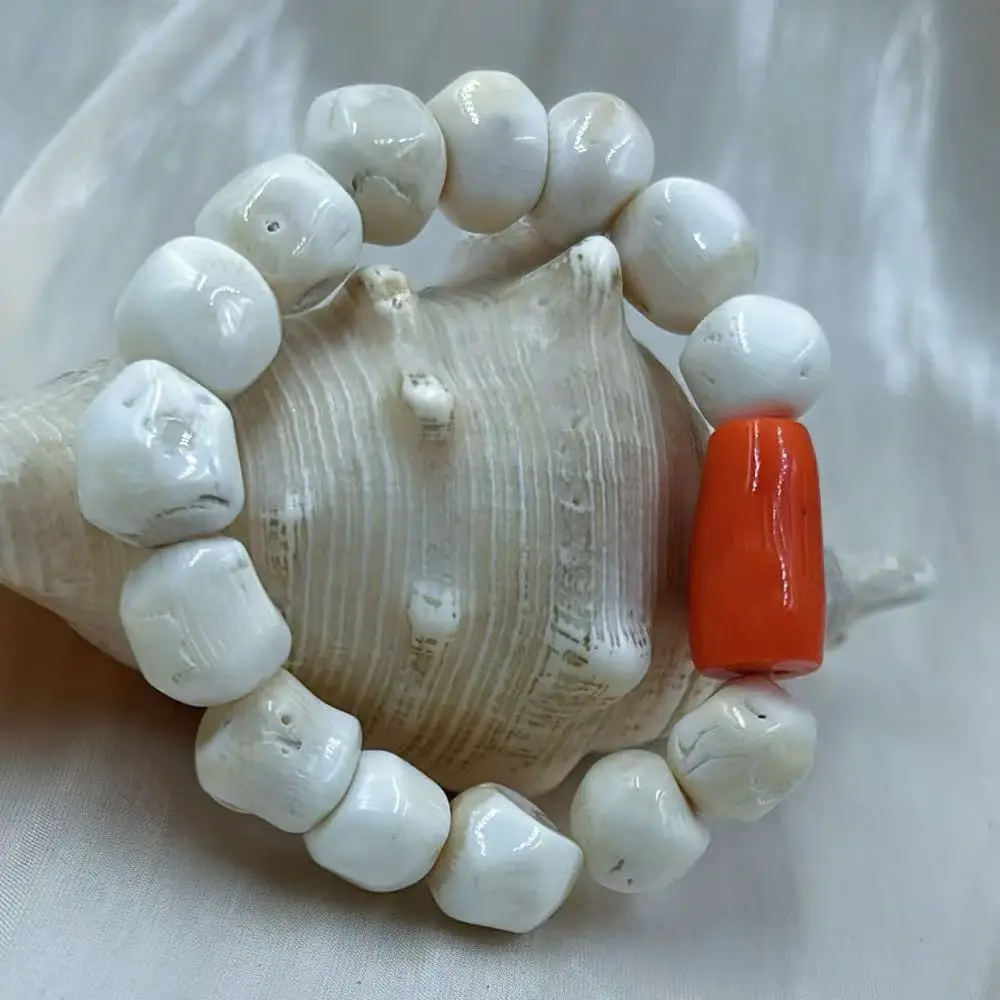 

12-14 мм африканские мужские и женские ювелирные изделия Дубай белый оранжевый эластичный браслет из натурального морского бамбука коралла 7-9 дюймов