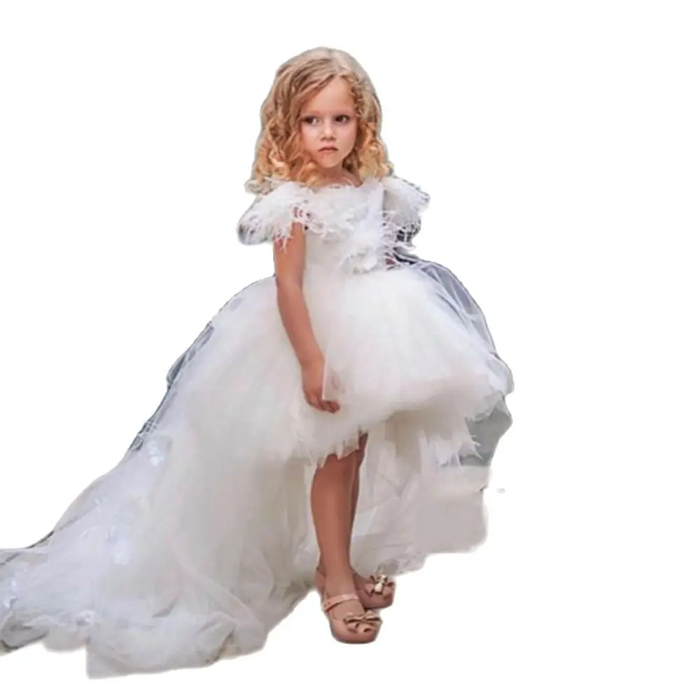 

Short Sleeve Christening Girl Dress 2023 Fashon Flower Girl Dresses for Wedding White High/ Low Floor Length New