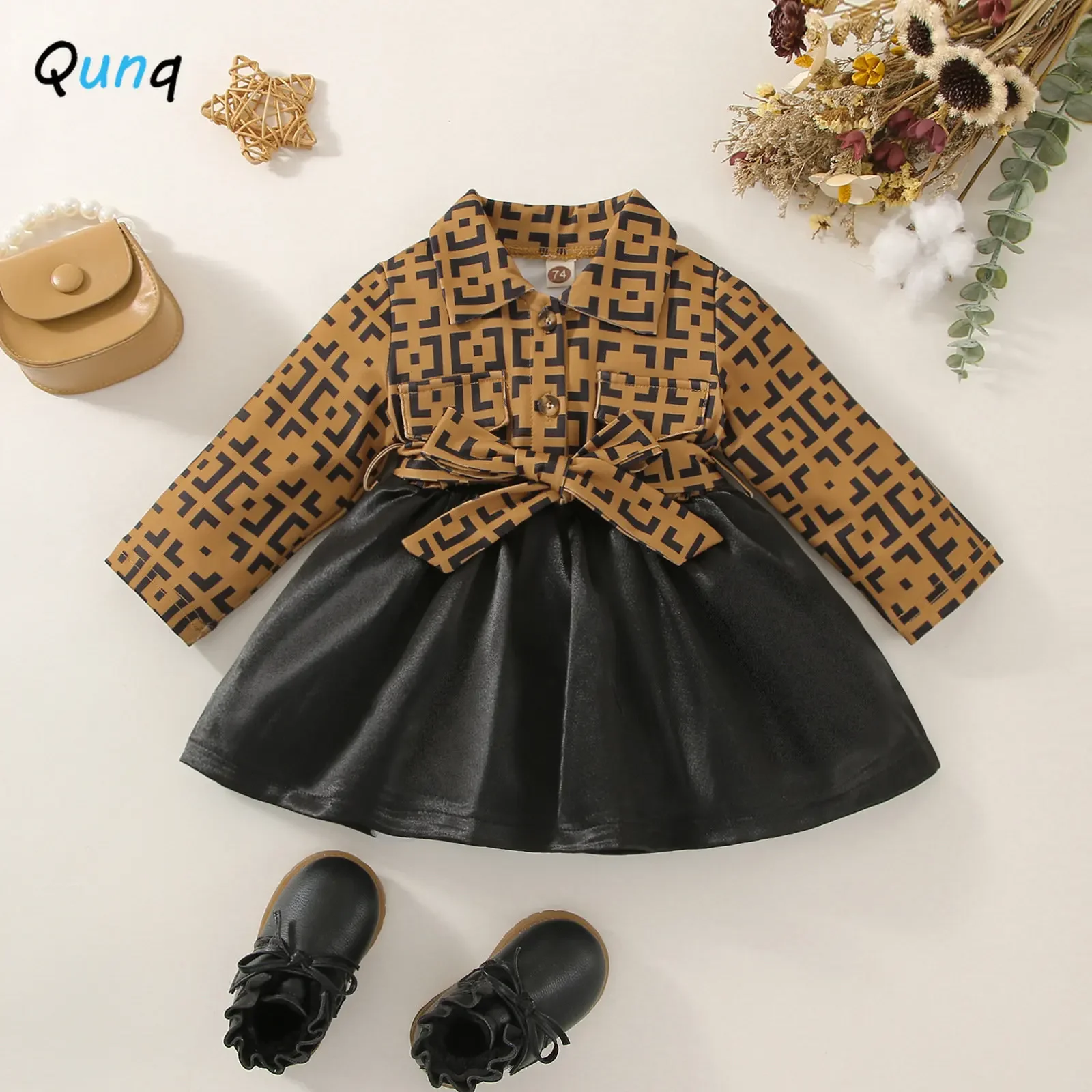 Qunq Autumn Winter New Girls Turn-down Collar Splice Long Sleeve Print Casual Lovely Princess Dress Kids Clouthes Age 0-3T