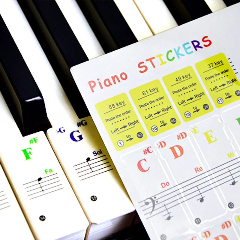 Kolorowe przezroczyste naklejki na klawiatury fortepianu Usuwalne naklejki na fortepian 49/61/76/88 Symbol naklejki na klawisze dla początkujących