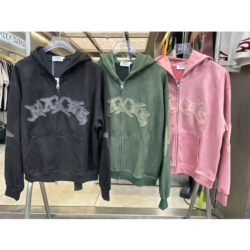 Sudadera con capucha de gamuza para hombre y mujer, diseño corto, negro, verde, rosa, doble cremallera, parche bordado, etiqueta, informal, de calle alta