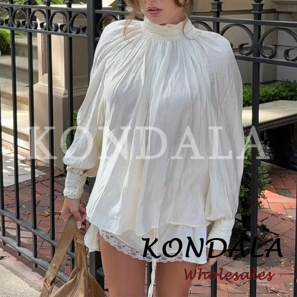 KONDALA Mode 2026 Einfarbige Frühlings-Damenbluse Schicke Drapierte Lässige Lockere Pullover Langarm-Bluse Vintage Elegante O-Ausschnitt Hemden