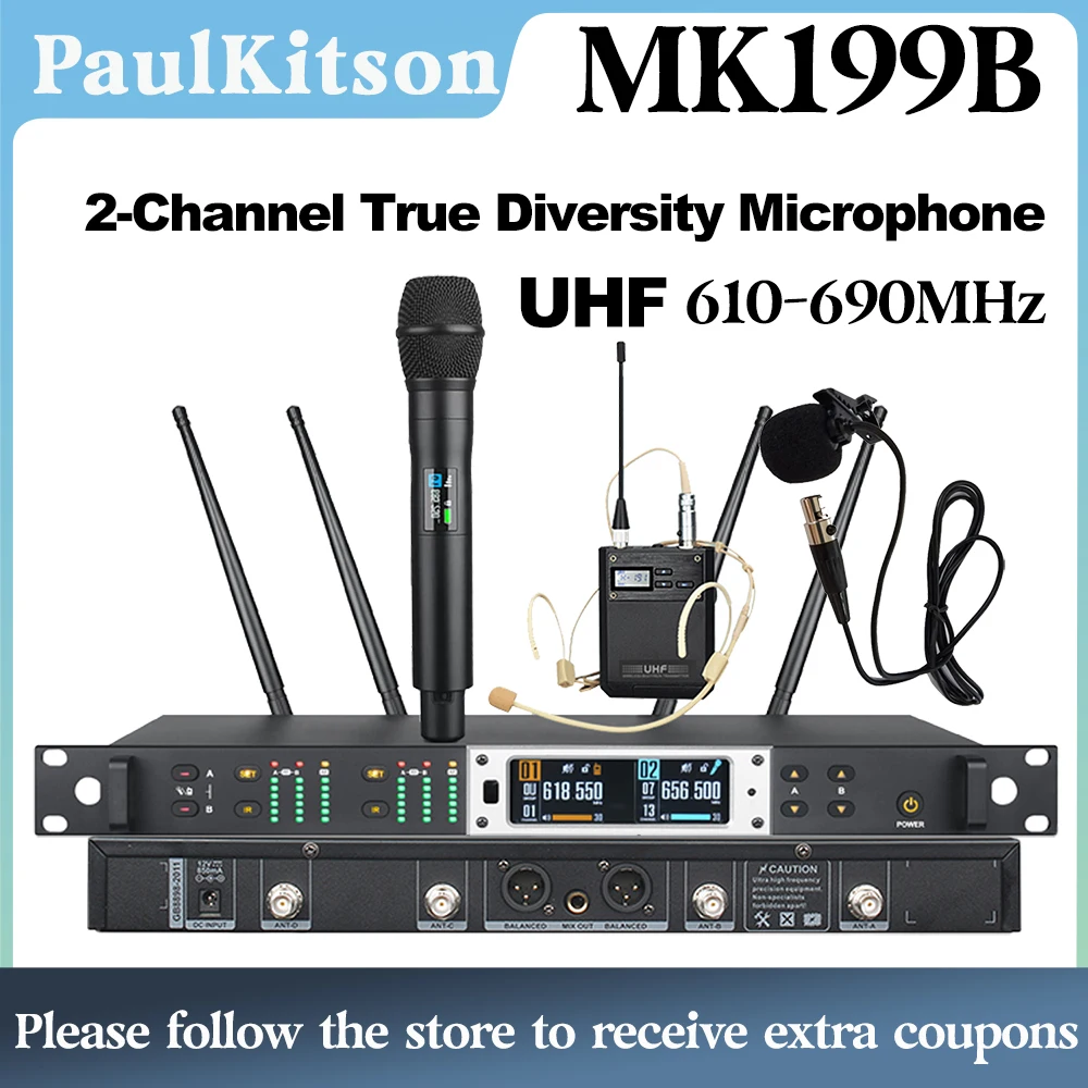 

Paulkitson MK199B professional true diversity 2-channel wireless microphone UHF 610~670MHz stage performance wireless microphone