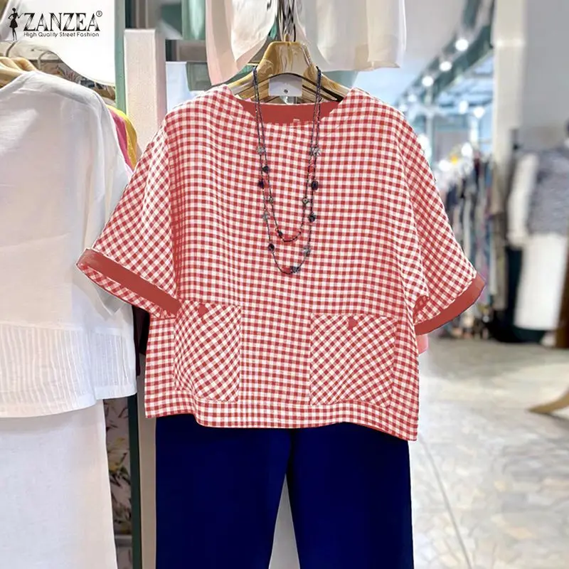 

Летняя блузка ZANZEA для женщин, клетчатая, модная, с круглым вырезом, с коротким рукавом, повседневная, для отпуска, рабочая рубашка, оверсайз