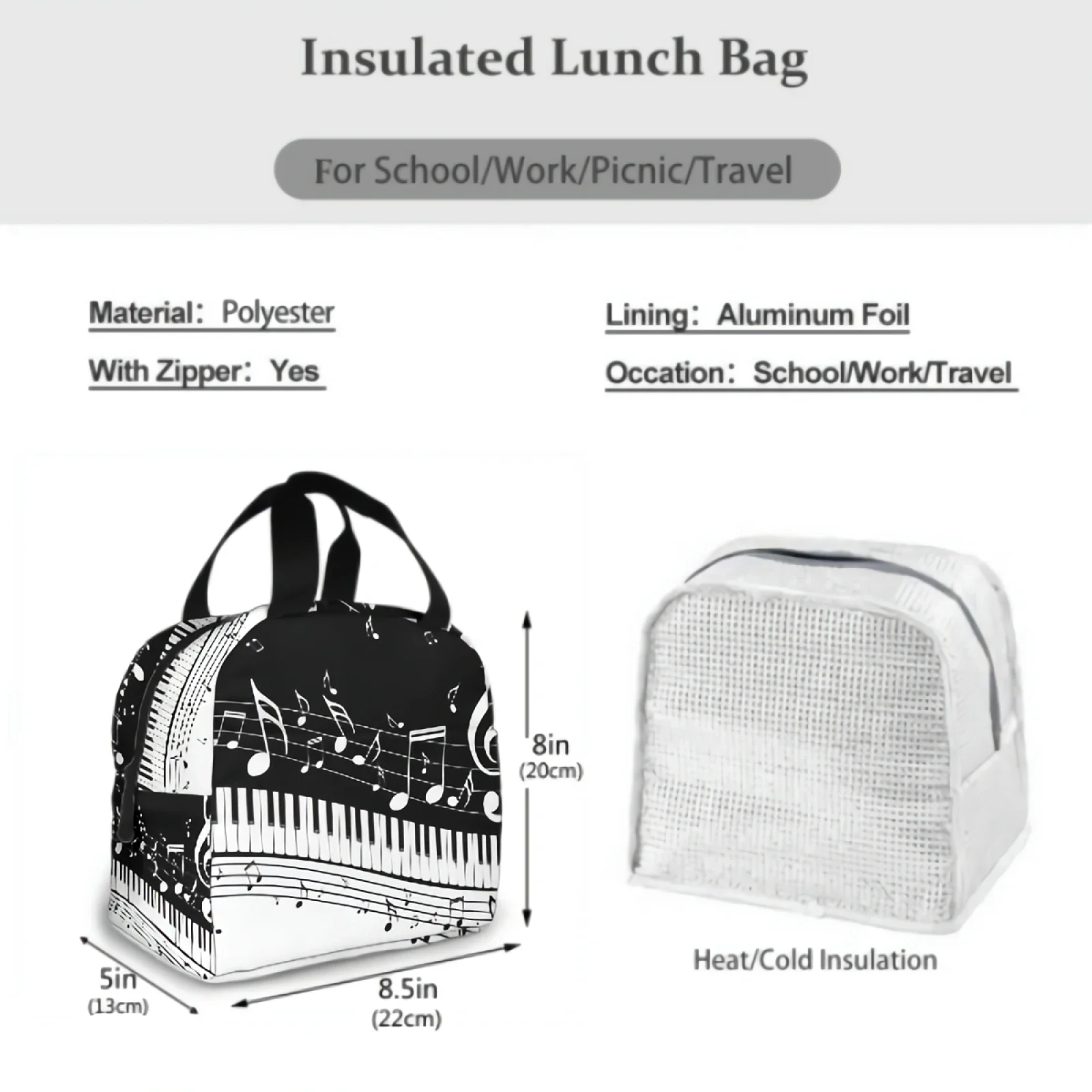 Piano Keys With Musical Lunch Bag Adult Tote Bag Reusable Lunch Box Container For Women Men School Office Work