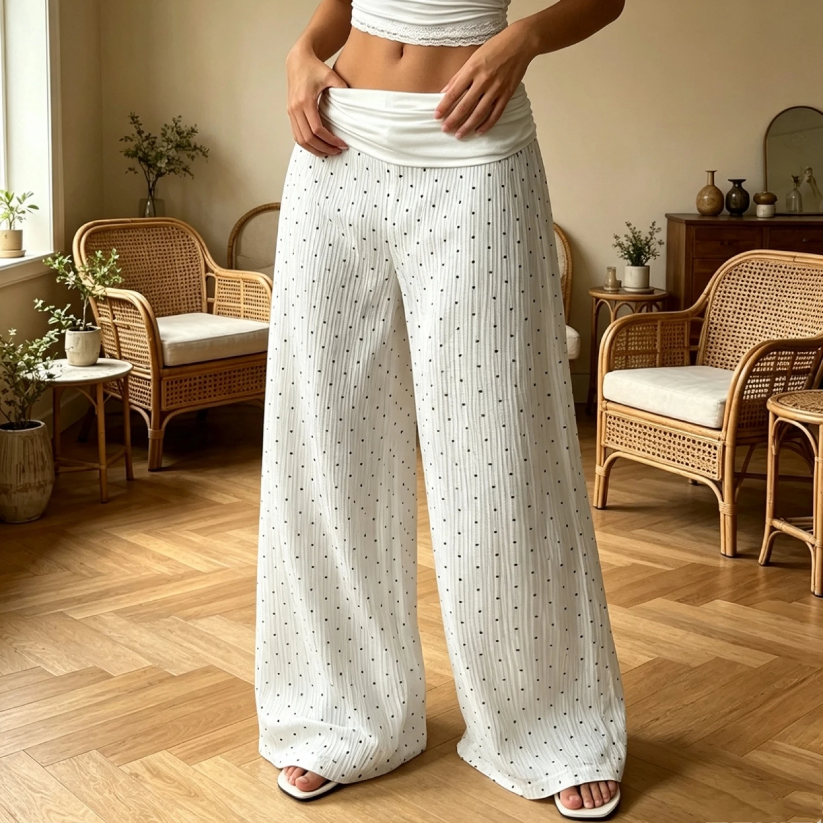 Women Polka Dot Wide Leg Pants Fold Over Waistband Textured Loose Trousers Casual Y2K Beach Vacation Palazzo Pants
