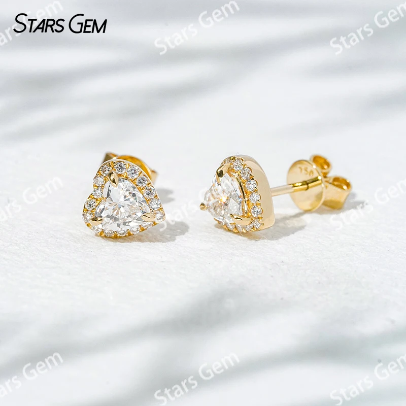 

4.5×4.5mm Heart Cut Lab Grown Diamond Halo Set 18K Gold Diamond Stud Earrings
