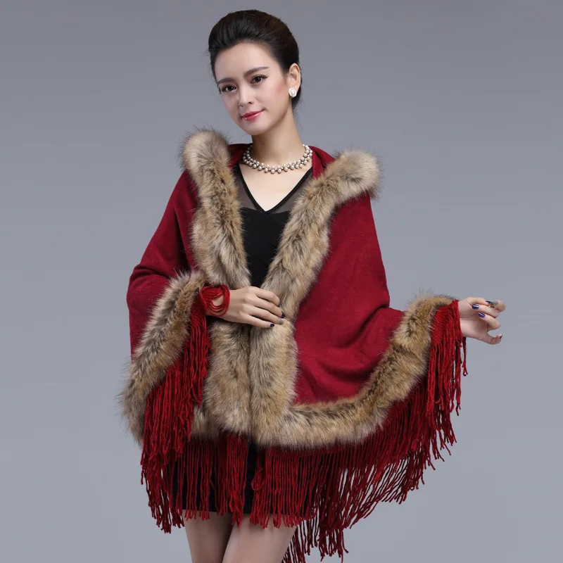 Autumn Winter Imitation Raccoon Fur Collar Hooded Cape Tassel Knitted Coat Warm Poncho Lady Capes Gray Cloaks