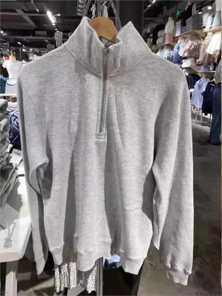 Simple Gray Waffle Half Zip-up Sweatshirts Women Autumn New Casual Cotton Long Sleeve Hoodies Streetwear Sweet Pullover Tops Y2K