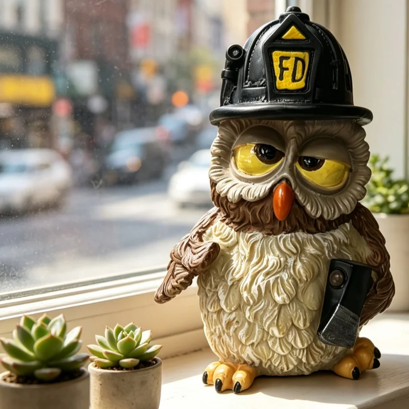 1pc FD Firefighter Owl Resin Statue Home Decor