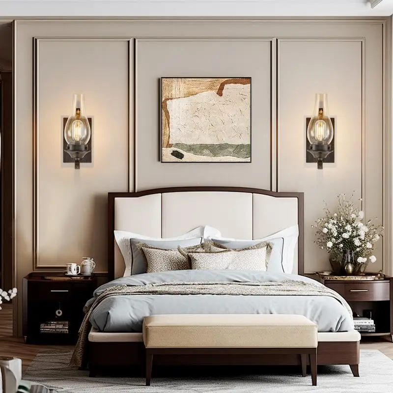 مجموعة شمعدانات جدارية للمزرعة الريفية مكونة من 2، مصابيح حائط صناعية عتيقة مع غطاء زجاجي شفاف، لمسة نهائية باللونين الأسود والذهبي #3