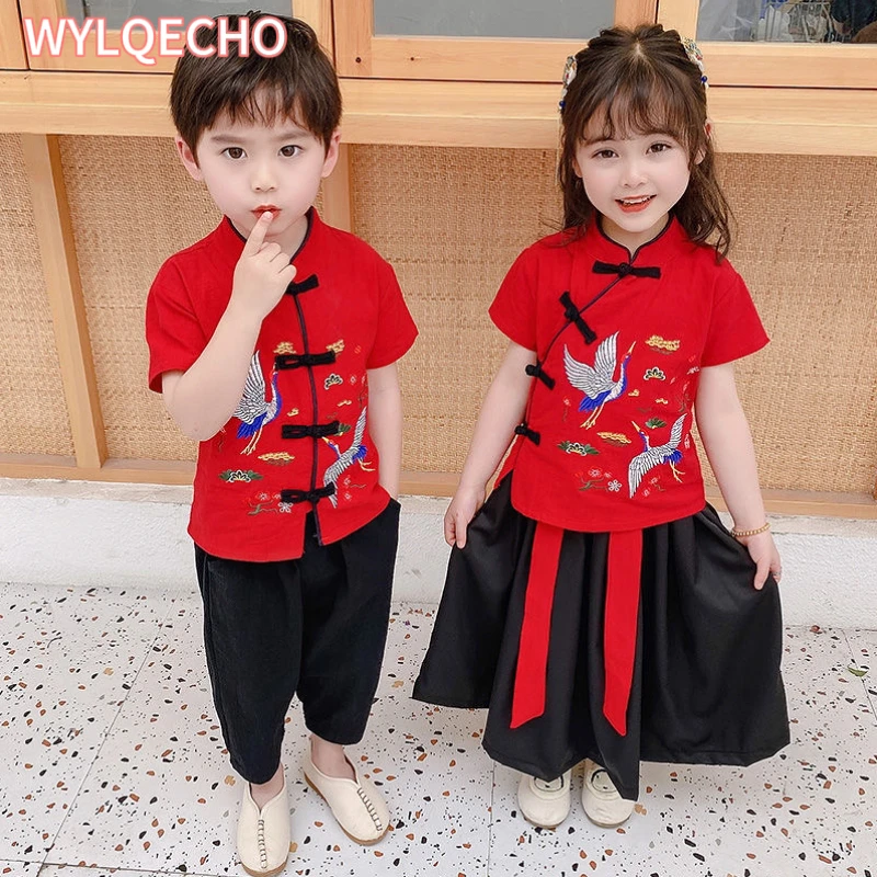 2Pcs Traditional Chinese New Year Costumes Clothes for Kids Spring Festival Tang Suit Girl Boy Sets Short Sleeve Top+Pants+Skirt