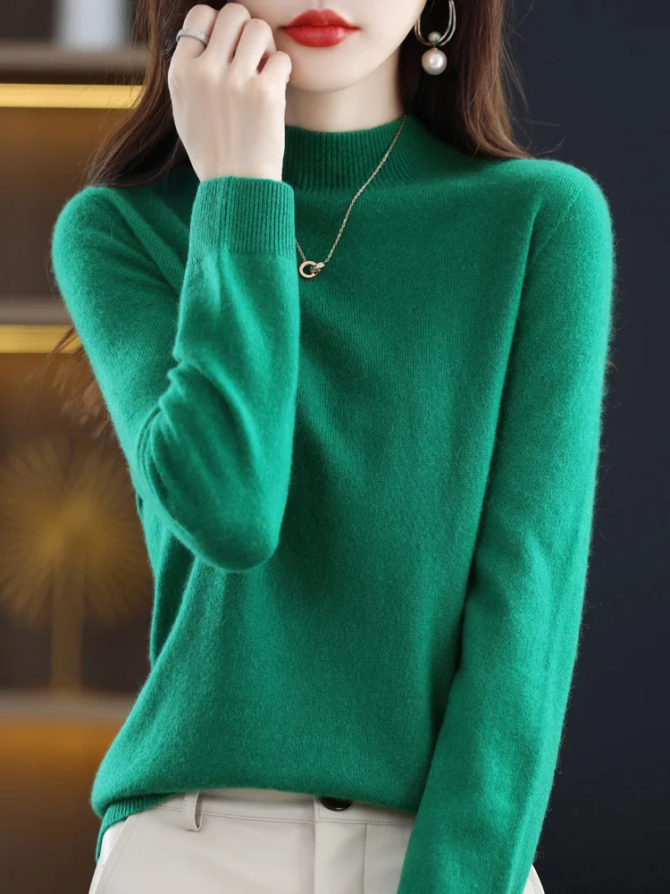 Long Sleeve 100 % Merino Wool Sweaters Cashmere  Pullover Autumn Winter  Mock Neck Women Knitted Tops Clothing Basic Knitwear