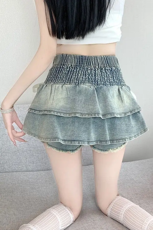 

2025 Summer New Bow High Waist A-line Cake Denim Skirt American Vintage Sweet Spicy Girl All Match Divided Skirt Y2k Skirts