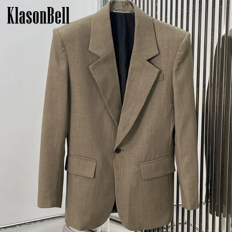 

9.2 KlasonBell Women's Temperament Wool Blend Office Lady Blazer Shoulder Pads Single Button Midi Jacket