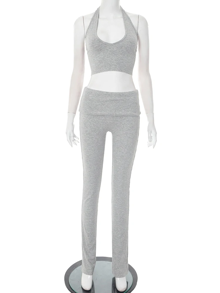 Leosoxs-Conjunto de 2 piezas acanalado para mujer, camisetas sin mangas informales con espalda descubierta y pantalones de solapa, ropa de calle informal elástica a juego