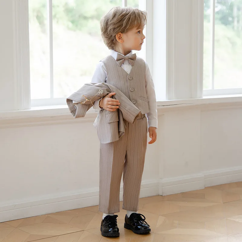 2024 Children Khaki Luxurious Birthday Dress Flower Boys Jacket Vest Pants Bowtie Necklace 5PCS Photograph Suit Kids Wedding Set