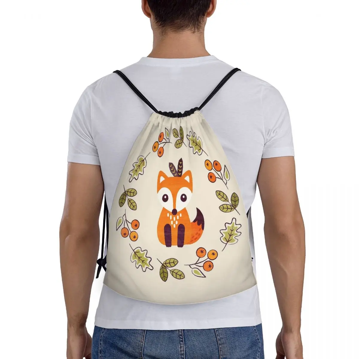 

Little Fox With Autumn Berries Backpacks Multi-function Drawstring Bags Shoes Bag Book Bags for Travel Students