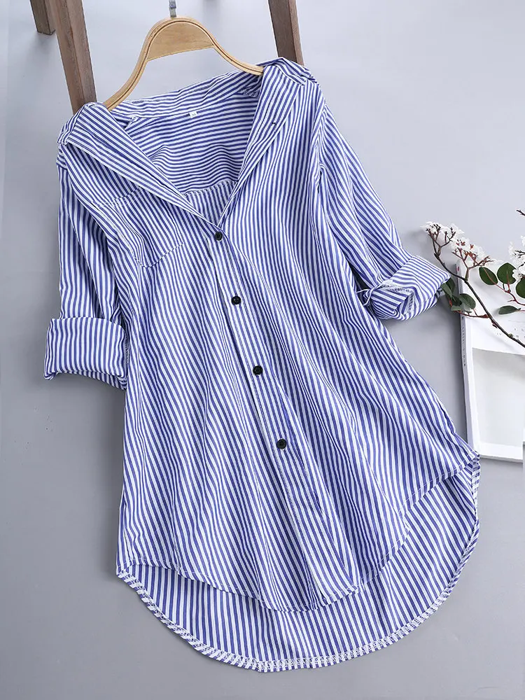 European and American Women\'s Loose Vertical Stripes Medium Length Casual Fashion Women\'s Shirt 2024 New Fashion Female Clothing