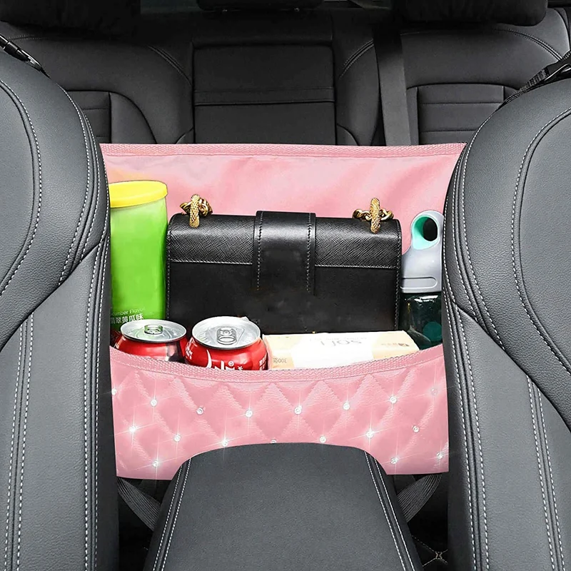 Car Handbag Holder Shining Diamond Seats Back Organizer Storage Barrier Pets Kids Car Storage For Purse Phone Pink