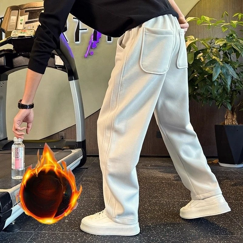 

Новые зимние флисовые утепленные брюки, мужские прямые брюки с изогнутыми ножками, повседневные свободные модные тяжелые спортивные штаны, длинные брюки среднего возраста