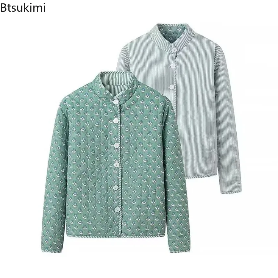 Winter Women's Quilted Jacket Double Sided Printed Mock Neck Long Sleeve Button Down Coat Fashion Casual Outerwear Y2K Clothes