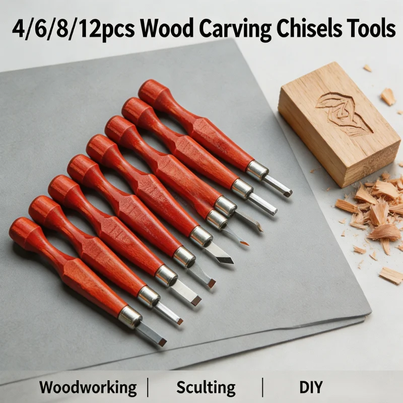 4/6/8/12Pcs Professional Wood Carving Chisels Tool Set High-Carbon Steel DIY Woodworking Engraving Knife Kit with Wooden Handles