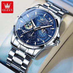 OLEVS Quartz Watch for Men Blue Starry sky Luminous Multifunctional Moon phase Stainless steel Leather Waterproof Men's Watches