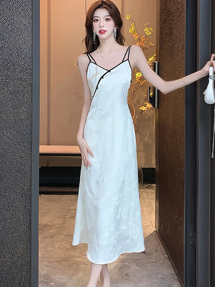 

2025 New White Jacquard Chic Sling Sexy Long Dress Summer Elegant Luxury Dance Party Dress Women Korean Vintage Bodycon Vestidos