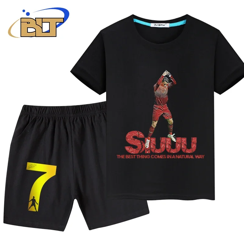 Ronaldo infantil impresso camiseta esportiva de manga curta e shorts terno, conjunto de 2 peças, adequado para meninos, roupas de verão