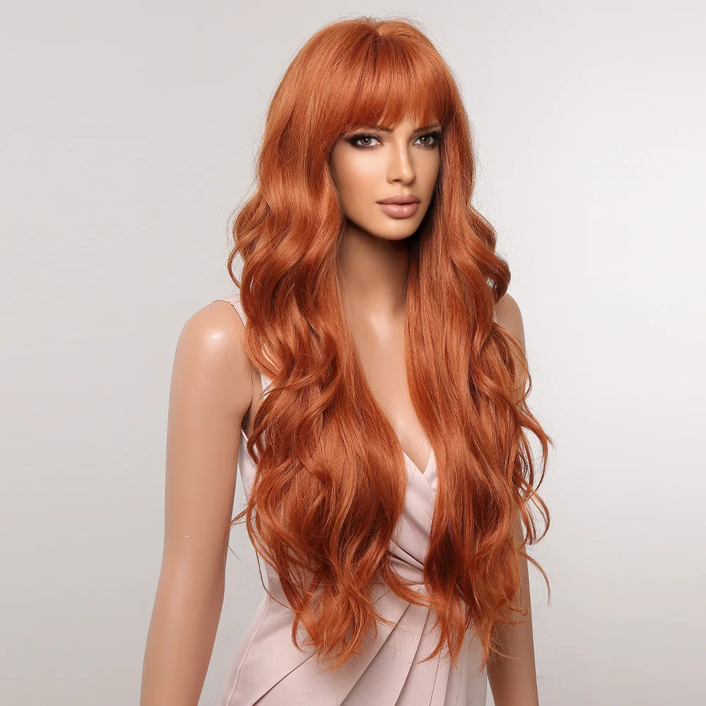 Orange Copper Red Yellow Synthetic Wigs Long Wavy Ginger Wig with Bangs for Women Natural Cosplay Body Wave Heat Resistant Hair