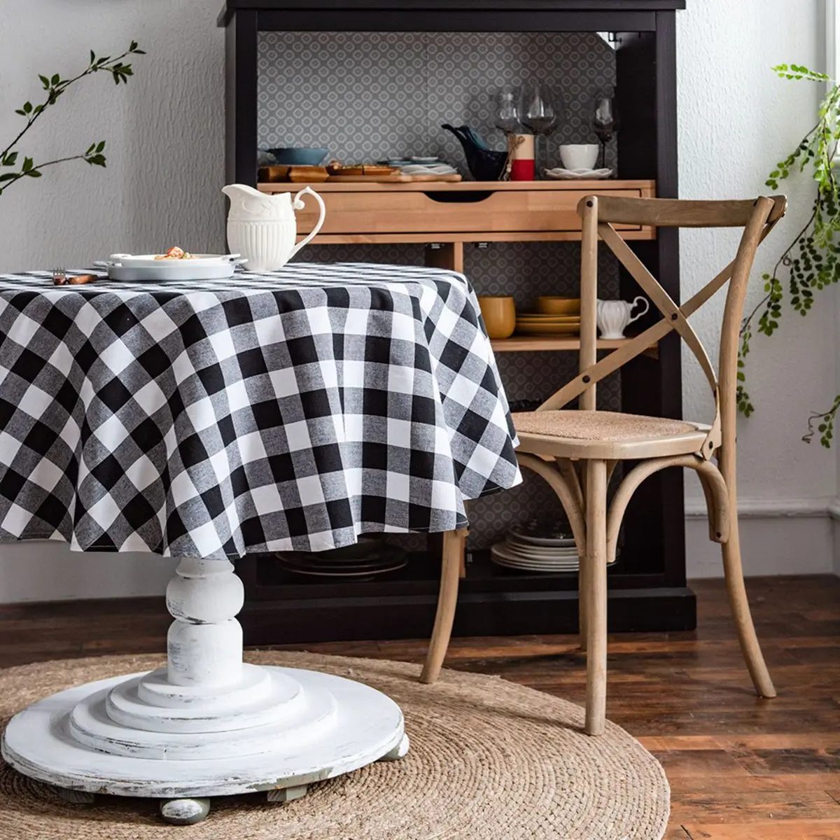 M02K-60-дюймовая круглая скатерть в клетку буйвола, 100% хлопок, ткань в деревенском стиле фермерского дома, обеденный стол и украшение для кухни