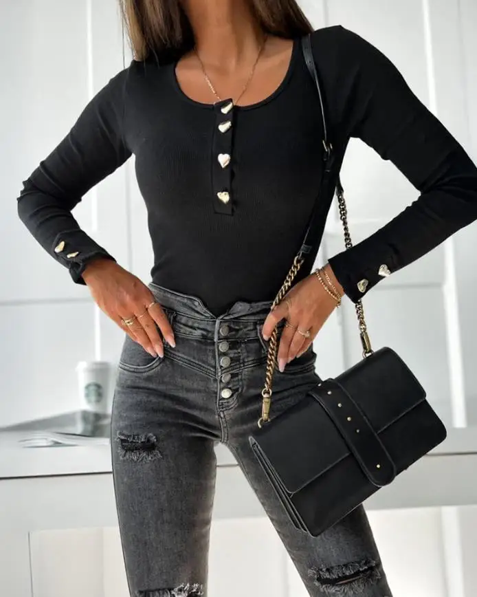 2025 elegante sexy camisetas pulôver topos pescoço quadrado manga longa meio coração botão camiseta fino ajuste com nervuras camadas topo