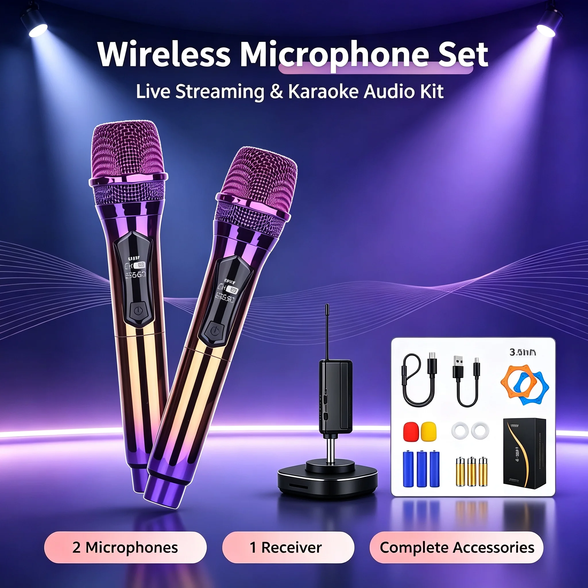 Wireless Microphone 2.4G UHF Dual Channel Handheld Mic, Fixed Frequency for Live Party Karaoke Meeting Performance