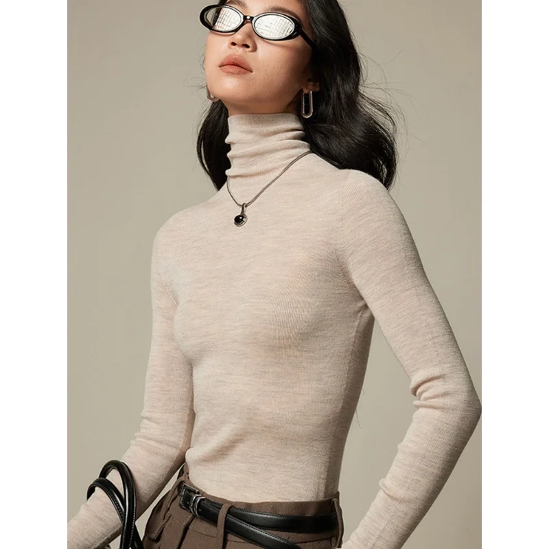 

Women 100% Wool Turtleneck Sweater Winter Seamless Half High Collar Soft Long Sleeve Bottoming Knitted Tops