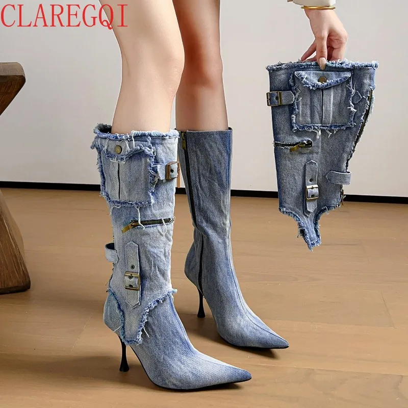 Womens Fall Boots Fashionable Washed Denim Pointed Belt Buckle Heel Boots Detachable Wwo Wear To Look Slim Boots Femme Cuir