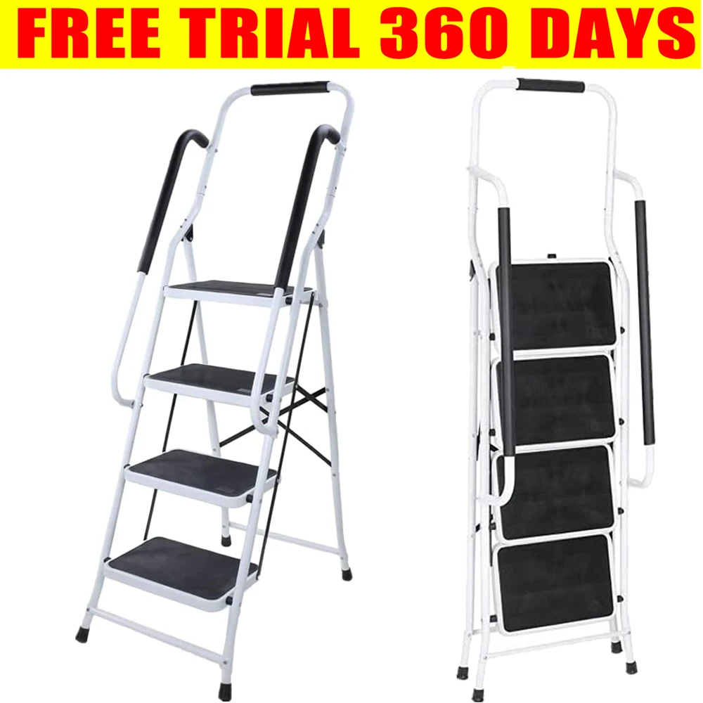 4-traps vouwladder met leuning, trapladder met antislipmat, eenvoudig op te bergen, trapladder voor thuis, keuken, kantoor, huishoudelijk doe-het-zelf