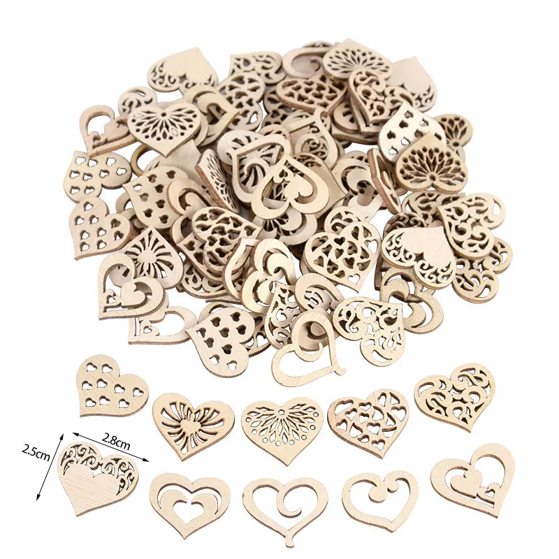 50/100pcs Hollowed Heart Pattern Small Natural Wooden Slice Scrapbook Embellishments DIY Craft Decor Heart Shape Love Wood Chips