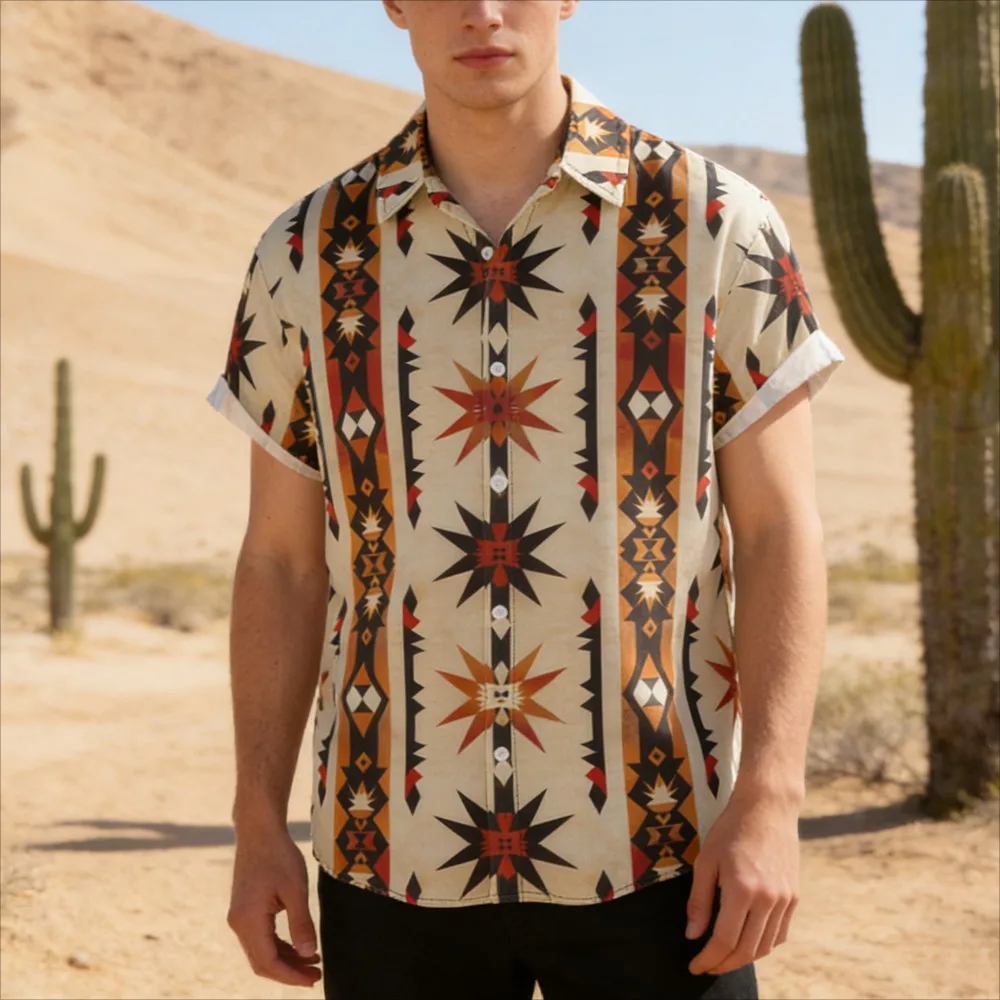 

Мужская рубашка с коротким рукавом в стиле юго-западного американского этно-стиля с принтом звезд и полосок, на пуговицах, в стиле вестерн, повседневная, для летнего отдыха, гавайская рубашка