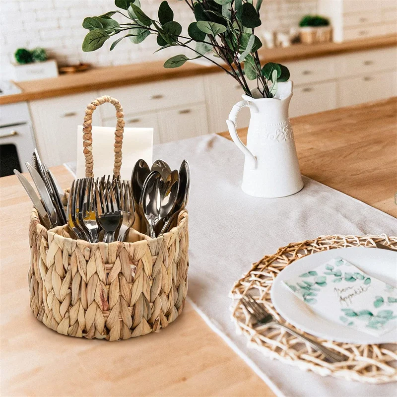 Rattan Wicker Storage Basket Hand Woven Flatware Organizer Round Storage Box Water Hyacinth Storage Basket Cutlery Holder