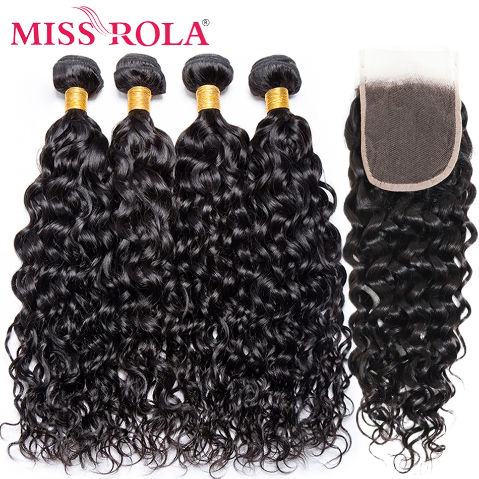 Miss Rola Water Wave Hair Bundles With 4x4 Closures Brazilian Water Wave Hair Closure with Weaving 100% Human Hair Extensions