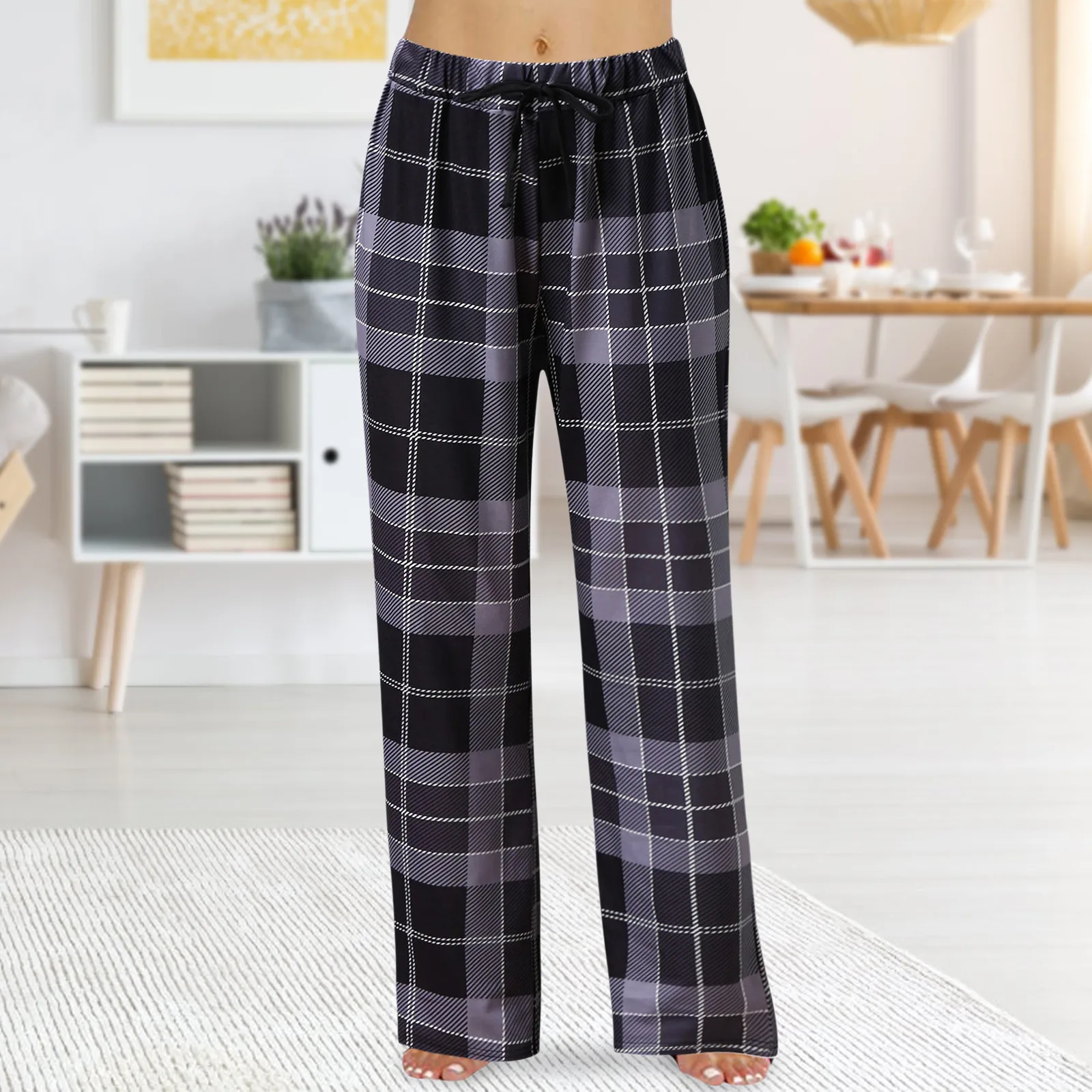 

Women Trousers Casual Pajamas Plaid Print Outside Home Fashion Elastic Waist Rope Joggers Pants Drawstring Trendy Long Pants